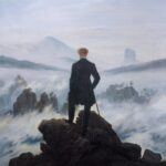 Caspar David Friedrich's oil painting Wanderer above the Sea of Fog, showing a man from behind standing on a high rock looking out over a foggy mountain landscape.