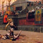 Jean-Léon Gérôme's Academic oil painting Pollice Verso, showing a victorious gladiator in the Roman Colosseum looking towards the Vestal Virgins who signal death with a thumbs-down gesture.
